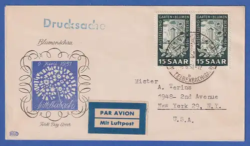 Saarland 1951 Mi.-Nr. 307 Paar auf ET-Brief gel. von Mittelbexbach in die USA