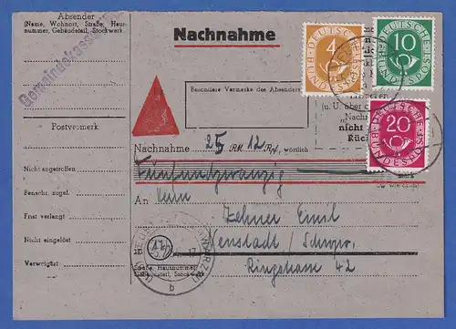 Bund Posthorn 4, 10, 20 Pfg auf NN-Karte aus FÜTZEN, 1954