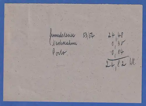 Bund Posthorn 4, 10, 20 Pfg auf NN-Karte aus FÜTZEN, 1954