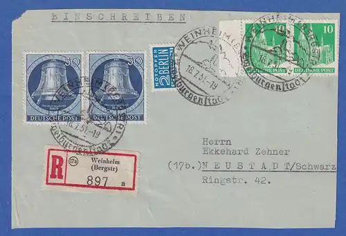 Berlin 1951 Mi.-Nr. 78 (2) auf gr. Briefstück mit So.-O WEINHEIM Zweiburgenstadt