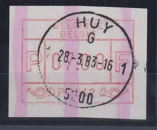Belgien FRAMA-ATM P3042 Huy mit ENDSTREIFEN mit ET-Voll-O, Wert 07,00 Bfr.