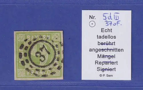 Bayern 9 Kreuzer grün  Mi.-Nr. 5 d III mit OMR 37 Bayreuth gepr. SEM BPP