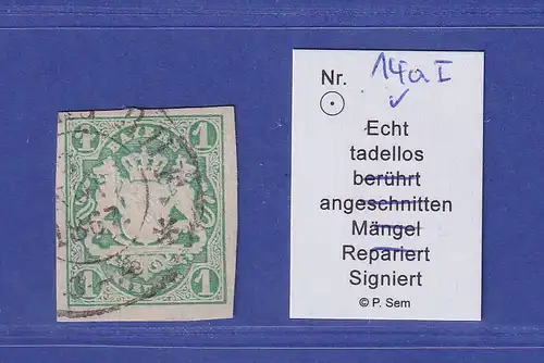 Bayern Wappen 1 Kreuzer grün Mi.-Nr. 14 a I  gestempelt gepr. SEM BPP