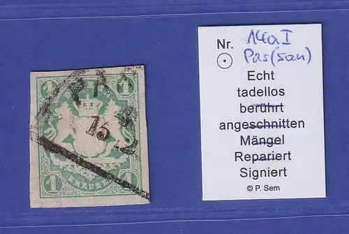 Bayern Wappen 1 Kreuzer grün Mi.-Nr. 14 a I  O PASSAU gepr. SEM BPP