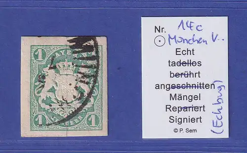 Bayern Wappen 1 Kreuzer grün Mi.-Nr. 14 c  O MÜNCHEN  gepr. SEM BPP