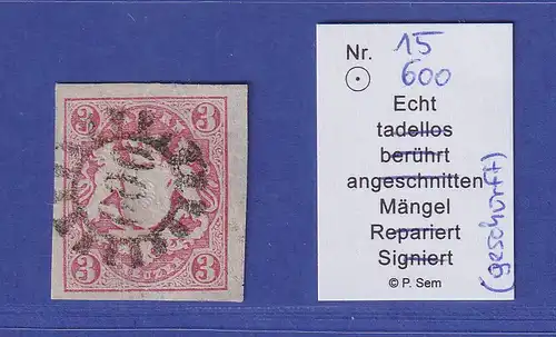Bayern Wappen 3 Kreuzer rot Mi.-Nr. 15 mit OMR 600 Wunsiedel  gepr. SEM BPP