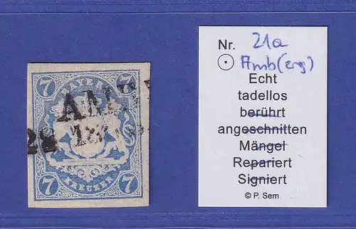 Bayern Wappen 7 Kreuzer blau Mi.-Nr. 21 a  O AMBERG  gepr. SEM BPP