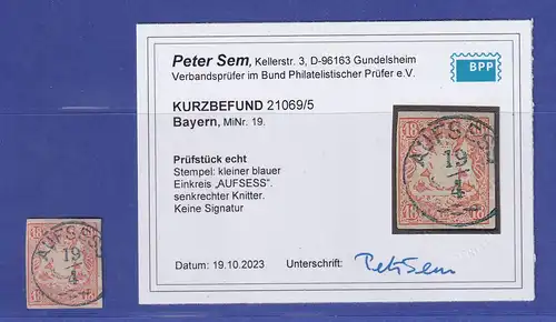 Bayern Wappen 18 Kreuzer rot Mi.-Nr. 19 selt. blauer O AUFSESS  gepr. SEM BPP