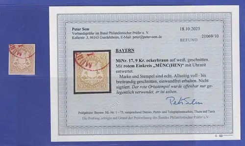 Bayern Wappen 9 Kr ockerbraun Mi.-Nr. 17 roter Einkreis-O MÜNCHEN gepr. SEM BPP