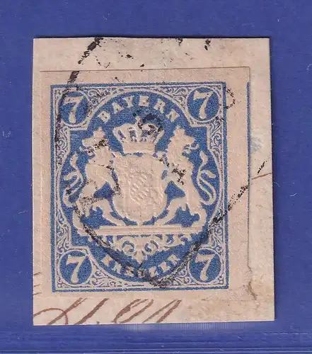 Bayern Wappen 7 Kreuzer königsblau Mi.-Nr. 21 d auf Briefstück gepr. SEM BPP
