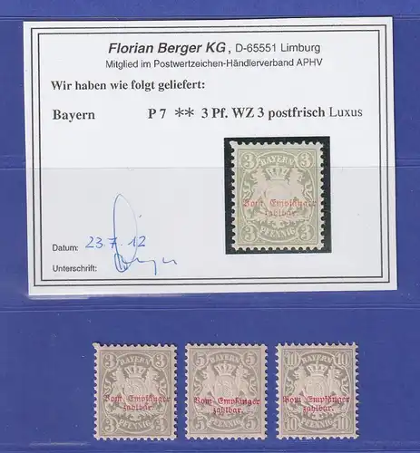 Bayern 1885 Portomarken  Mi.-Nr. 7-9 ** mit Händlerzertifikat Berger 