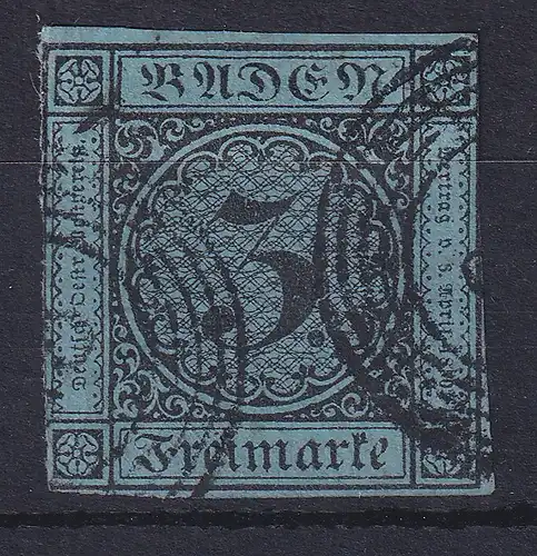 Baden 3 Kreuzer blau Mi.-Nr. 8 gestempelt, üblicher Schnitt.