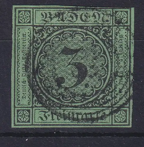 Baden 3 Kreuzer grün Mi.-Nr. 6 voll gestempelt, fast vollrandig