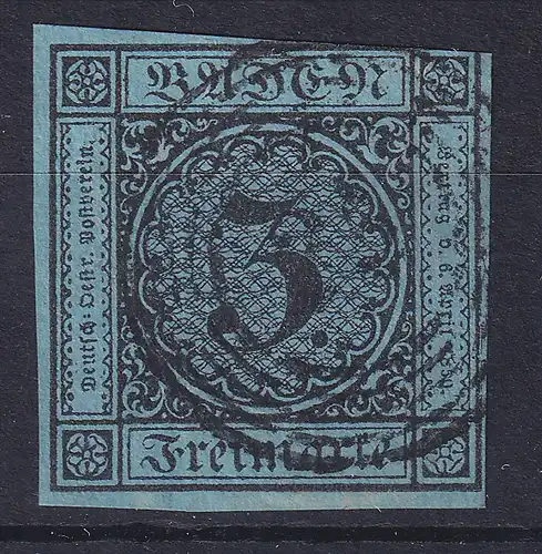 Baden 3 Kreuzer blau Mi.-Nr. 8 gestempelt, oben rechts tangiert,