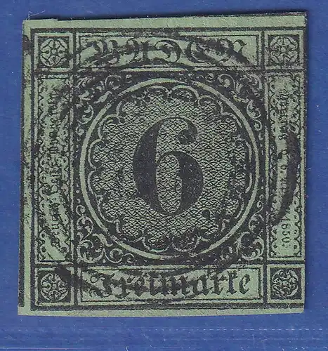 Baden 6 Kreuzer grün Mi-Nr. 3b mit zentr. Ring-Nr.-O rechts ber. , sonst breitr.