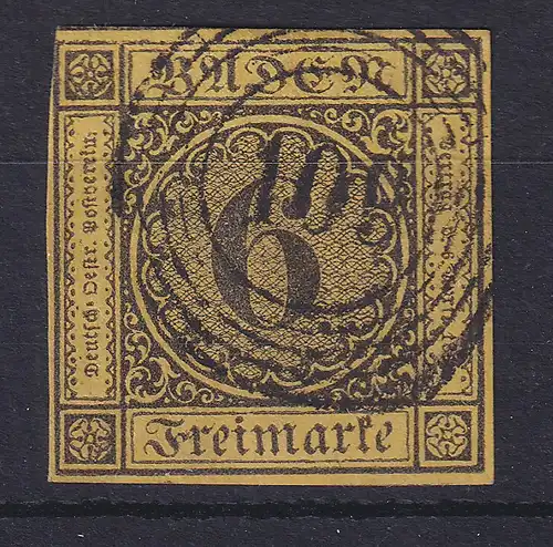 Baden 6 Kreuzer gelb Mi.-Nr. 7 klar gestempelt 109 , fast vollrandig