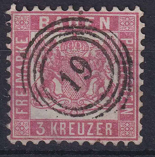 Baden 3 Kreuzer rot , Mi.-Nr. 18 zentr.  gestempelt mit 4-Ring-O 19 Bruchsal