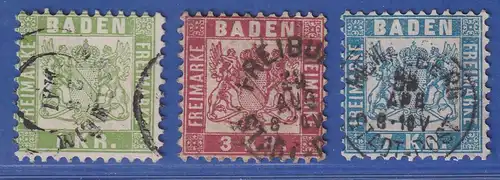 Baden 1-3-7 KR.  Mi.-Nr. 23-25 Satz 3 Werte gest. 