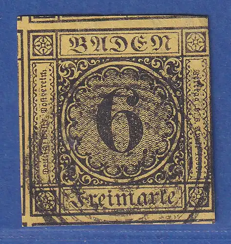 Baden 6 Kreuzer gelb Mi.-Nr. 7 gestempelt. 