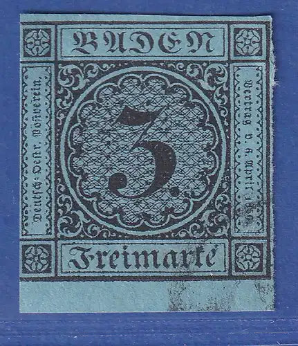 Baden 3 Kreuzer blau Mi.-Nr. 8 vom Unterrand, bildfrei gestempelt. 