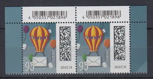 2022 Welt der Briefe 95 Cent Ballon Mi-Nr. 3705 Oberrand-Paar **