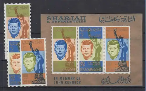Sharjah 1964 John F. Kennedy Mi.-Nr. 107-109 A + Block 11 postfrisch ** / MNH 