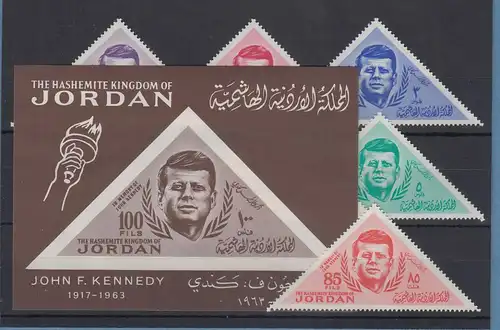 Jordanien 1964 John F. Kennedy Mi.-Nr. 453-58A und Block 13 postfrisch ** / MNH 