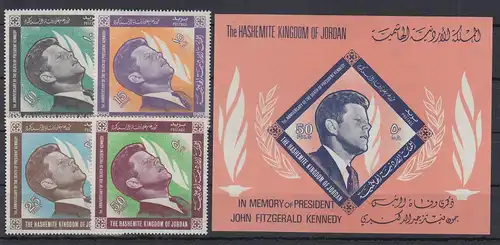 Jordanien 1965 John F. Kennedy Mi.-Nr. 516-19A und Block 21 postfrisch ** / MNH 