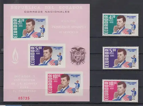 Ecuador 1964 John F. Kennedy Mi.-Nr. 1152-54 und Block 10  ** / MNH 