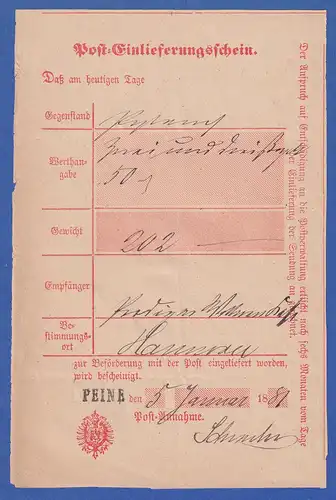 Hannover nachverw. Langstempel PEINE auf Einlieferungsschein 1881