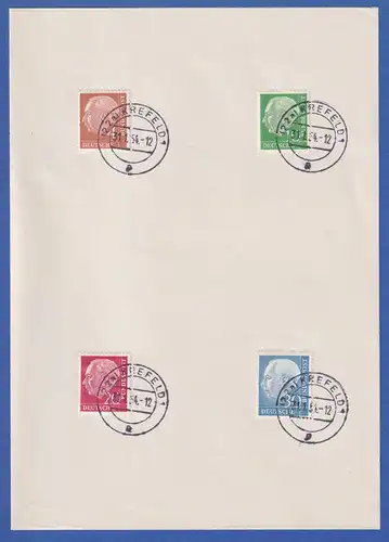 Bund Heuss Mi.-Nr. 178, 183, 185, 187 auf Blatt mit Tages-O KREFELD 31.1.54 FDC