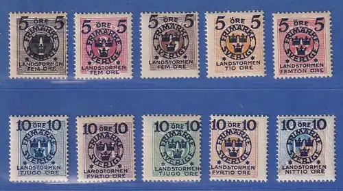 Schweden 1916 Landsturm Portomarken mit Aufdruck Mi.-Nr. 97-106 fast alle ** MNH