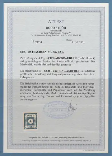 SBZ Ost-Sachsen 1945 4 Pfg SCHWARZGRAUBLAU Mi.-Nr. 53c  ** mit Attest STRÖH BPP