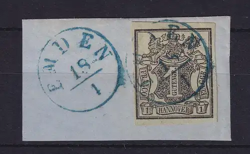Hannover 1851 Wertziffer 1 Gutegr.  Mi.-Nr. 2 a O EMDEN auf Briefstück