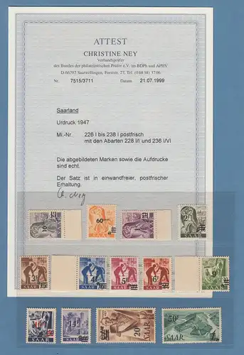 Saarland 1947 sog. Urdruck-Satz Mi.-Nr. 226-238 I kpl 13 Werte ** mit FA Ney BPP