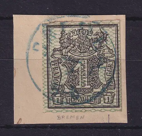 Hannover 1856/57 Wertziffer 1 Gutegroschen  Mi.-Nr. 9  O BREMEN auf Briefstück
