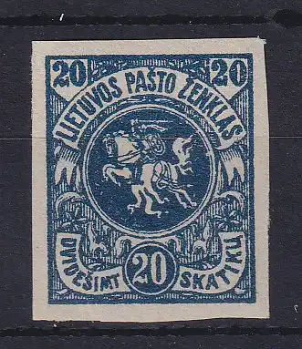 Lietuva / Litauen 1920 Wappen 20Sk blau geschnitten Mi.-Nr. 62 B **