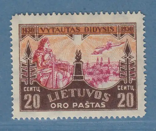 Lietuva / Litauen 1930 Vytautas Mi-Nr. 310 Fehlfarbe himbeerrot ungebraucht *