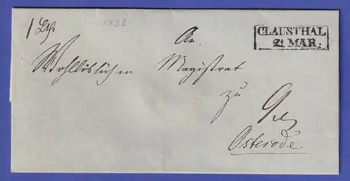 Hannover Vorphila-Brief mit Rechteckstempel CLAUSTHAL 1838