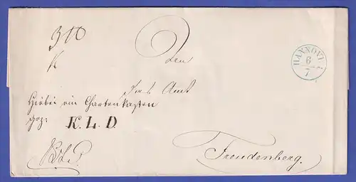 Hannover Vorphila-Brief mit blauem Fingerhutstempel HANNOVER (nach 1825)