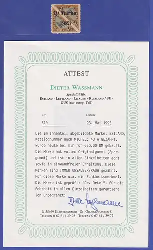 Estland 1923 Flugpost Doppelstück m. Aufdruck Mi.-Nr. 43 A * Attest Wassmann