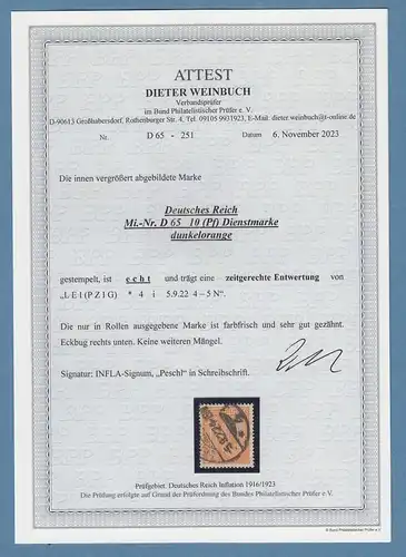 Dt. Reich Infla Dienstmarke 10Pfg orange Mi-Nr 65 echt O mit Attest Weinbuch BPP