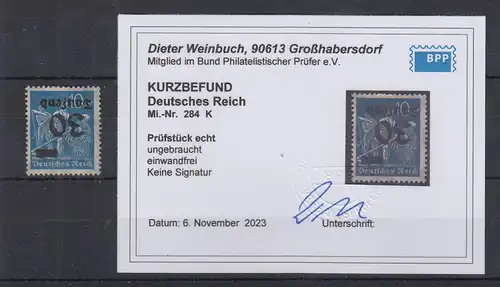 Dt. Reich Infla Mi.-Nr. 284 K kopfstehender Aufdruck, * mit KB Weinbuch BPP