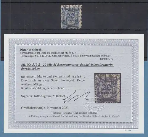 Dt. Reich Infla 20 Millionen Mi-Nr 319B echt O BERLIN  mit Befund Weinbuch BPP