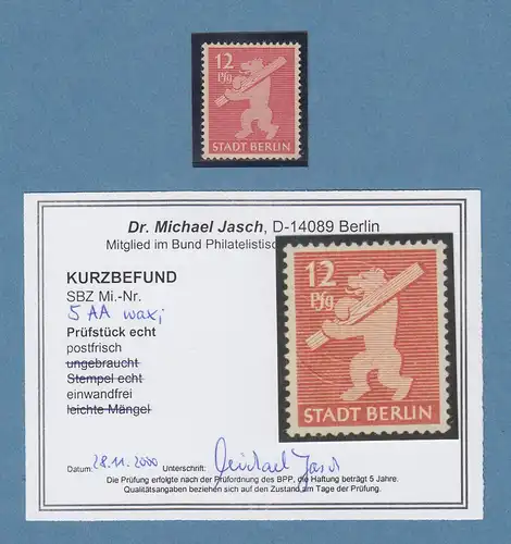 SBZ Berlin-Brandenburg 1945 12 Pfg wa-Papier, glatter Gummi Mi-Nr. 5AAwa x ** 