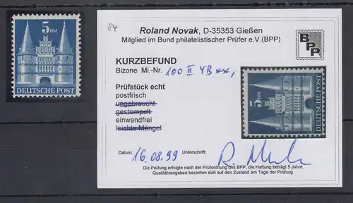 Bizone Bautenserie 5DM Holstentor Type II Mi.-Nr. 100 II Y B ** mit KB Novak BPP