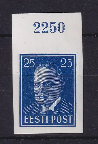 Estland 1938 Staatspräsident Päts  Mi.-Nr. 135 U Oberrandstück  ** / MNH