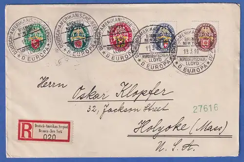 Dt. Reich Nothilfe 1929 Mi.-Nr. 430-34 kpl. auf Brief Seepost Bremen-New York