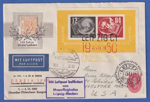 DDR DEBRIA-Block mit 3-Farben-So-O Leipzig  in MIF auf LP-Brief in die USA