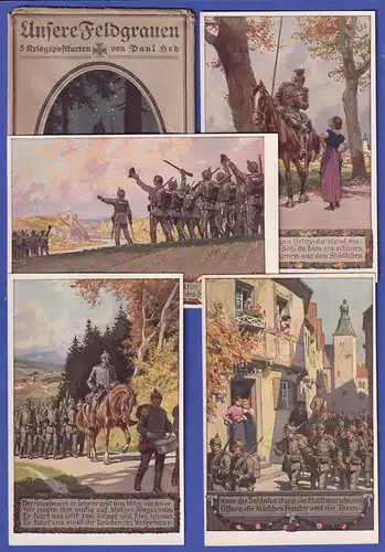 Bildpostkarten Unsere Feldgrauen - 5 Motive von Paul Hey zu Soldatenliedern